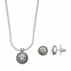 Napier Textured Halo Round Pendant Necklace & Stud Earring Set White