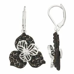 Napier Silver Tone Black Crystal Holiday Glam Floral Leverback Drop Earrings
