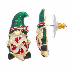 Napier Gold Tone Holiday Gnome Candy Stud Earrings