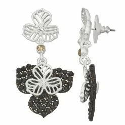 Napier Silver Tone Clear & Black Crystal Holiday Glam Leaf & Flower Drop Earrings