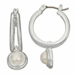 Napier Silver Tone Simulated Pearl Drop Hoop Earrings