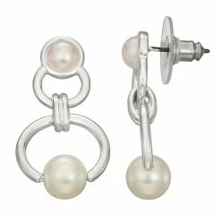 Napier Silver Tone Simulated Pearl Open Circle Double Drop Earrings