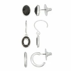 Napier Silver Tone Black Enamel Stud, Drop, & Huggie Earrings Set