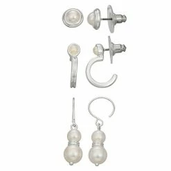 Napier Silver Tone Simulated Pearl Stud, Huggie, & Drop Earrings Set