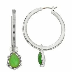 Napier Silver Tone Simulated Green Crystal Drop Hoop Earrings